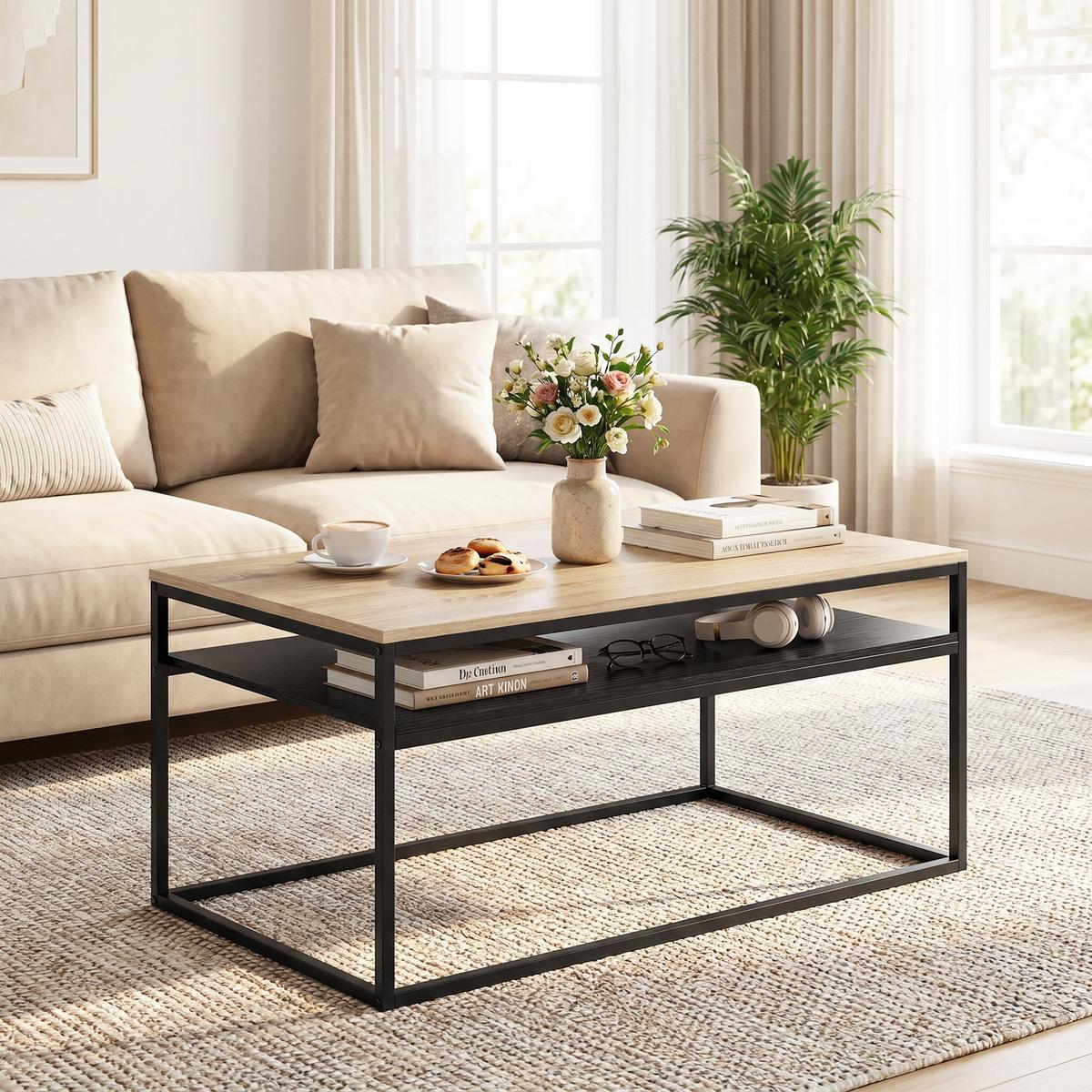 COUCHTISCH Spanplatte Metall Naturholz - Eichefarben/Schwarz, Holzwerkstoff/Metall (100/59.8/47cm) - HOMCOM