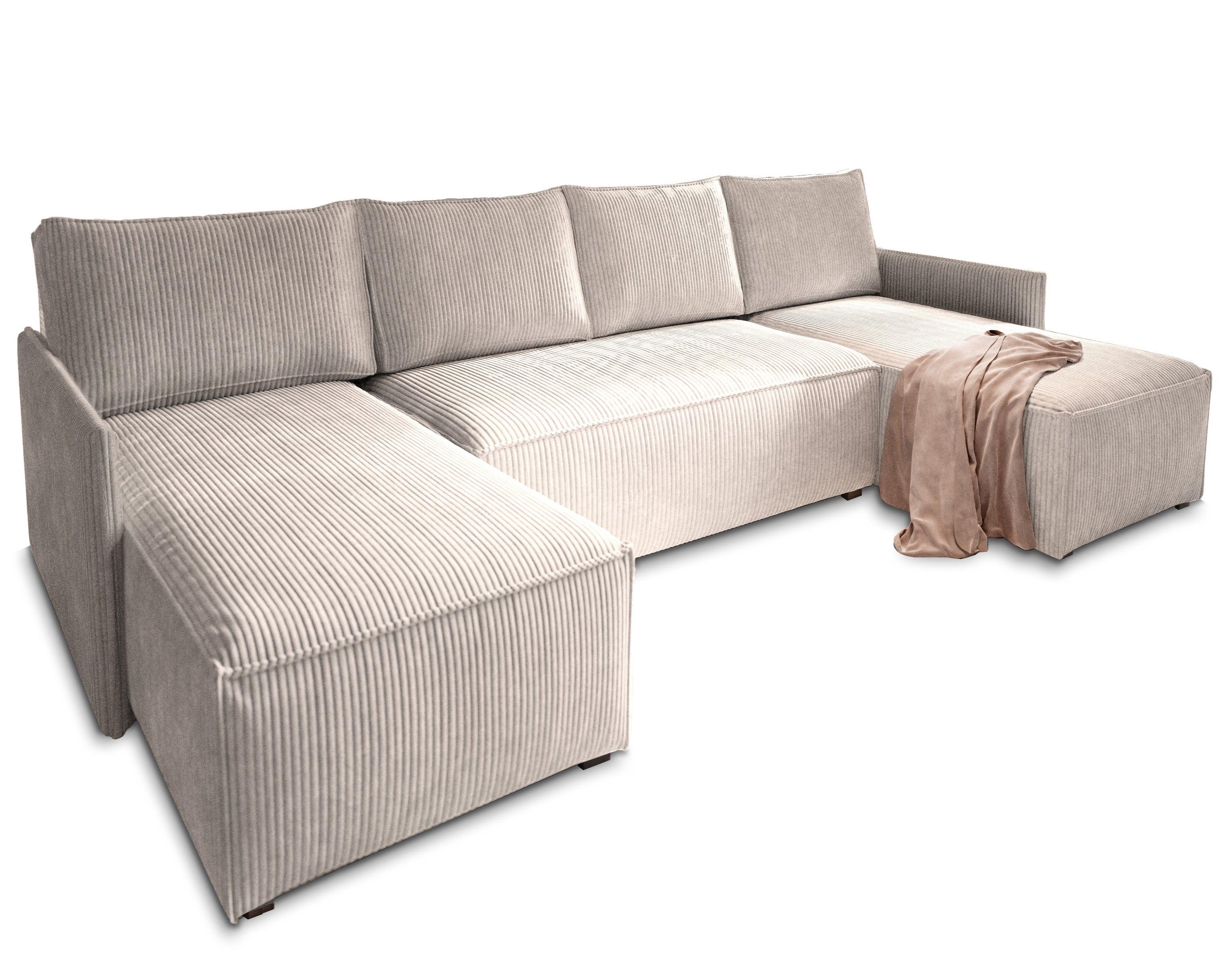 WOHNLANDSCHAFT TRES Creme Kordstoff mit Schlaffunktion - Creme/Grau, Holz/Kunststoff (271/85/140cm) - MASSENO