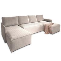 WOHNLANDSCHAFT TRES Creme Kordstoff mit Schlaffunktion - Creme/Grau, Holz/Kunststoff (271/85/140cm) - MASSENO