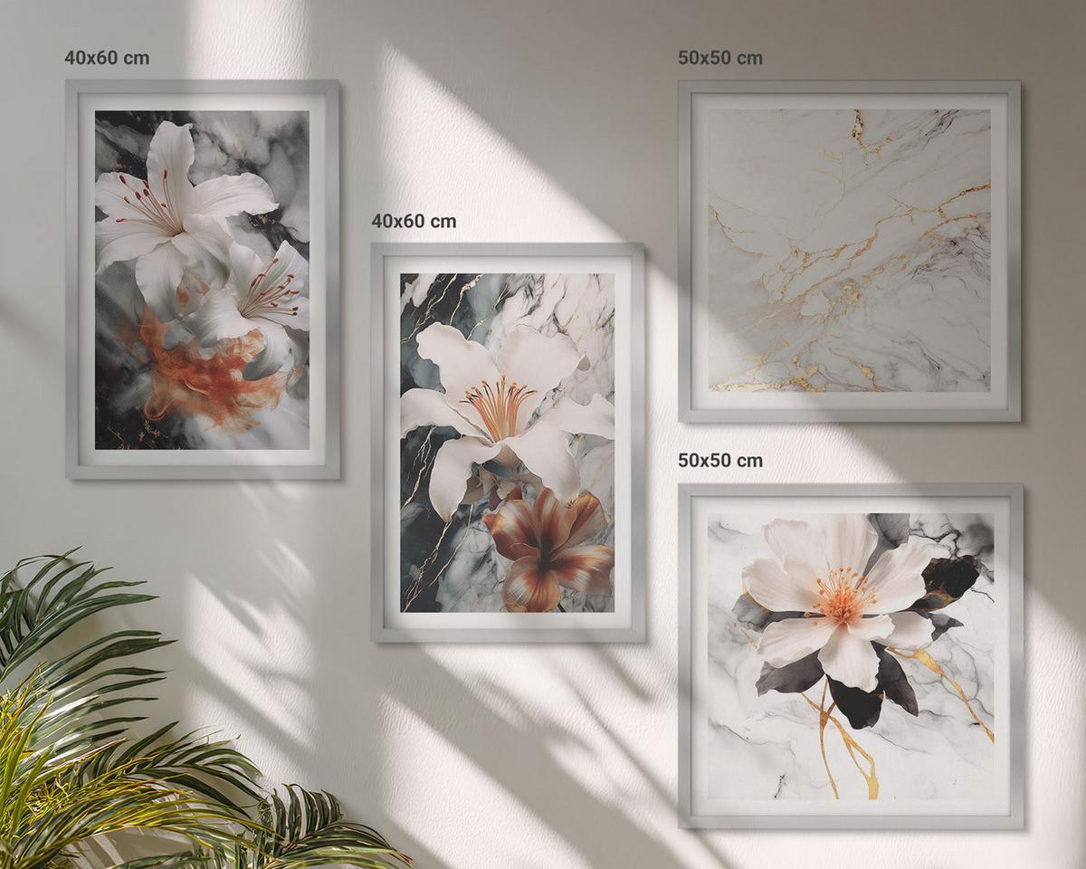 BILDER SET 4er Set - 50x50 cm & 40x60 cm Silberner Rahmen - Blumen Marmor weiß schwarz - Silberfarben, Kunststoff (50/50cm) - TULUP