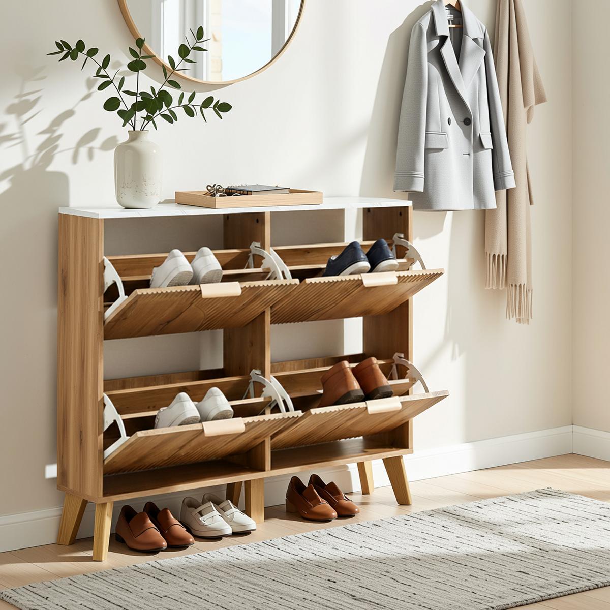 SCHUHSCHRANK mit 3d-strukturfront & 4 klappfächern - Naturfarben, Holzwerkstoff (105/95.5/24cm) - Urban Meuble