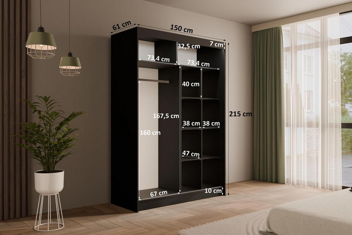KLEIDERSCHRANK PEKA mit LED - 150 cm - Schwarz|Weiß - Schwarz/Weiß, Holzwerkstoff (150/215/61cm) - ALTDECOR