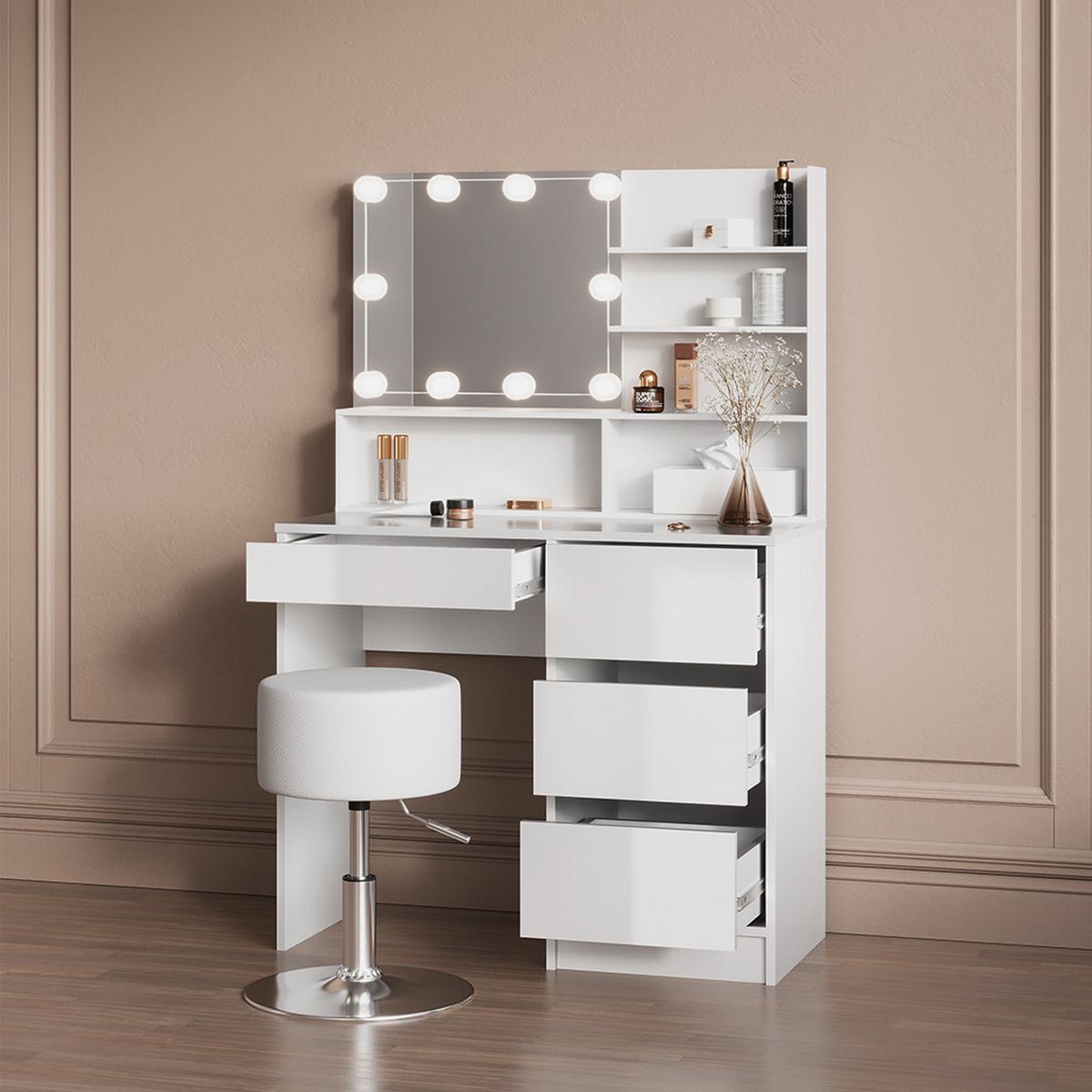 SCHMINKTISCH Imola Weiß 90 cm mit Hocker - Weiß, Holzwerkstoff (90/75/40cm) - Livinity®