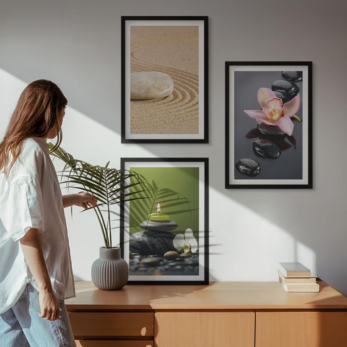 BILDER SET 3er Set - 40x60 cm Schwarzer Rahmen - Entspannende Zen-Steinmotive - Schwarz, Kunststoff (40/60cm) - TULUP