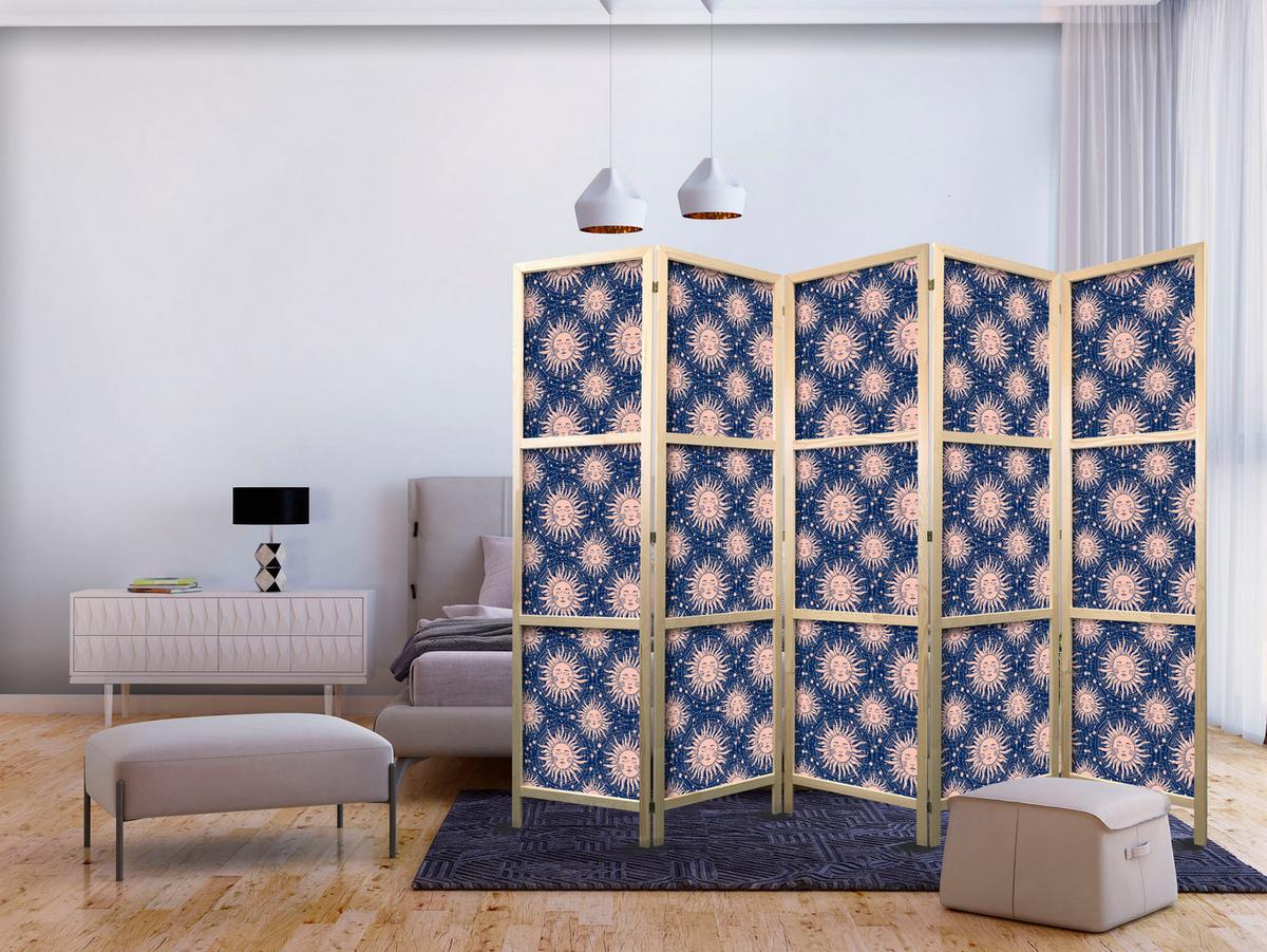 PARAVENT Japanischer 5-tlg 225x172 cm Sonnen - Blau, Holz/Textil (225/172/3cm) - Muralo