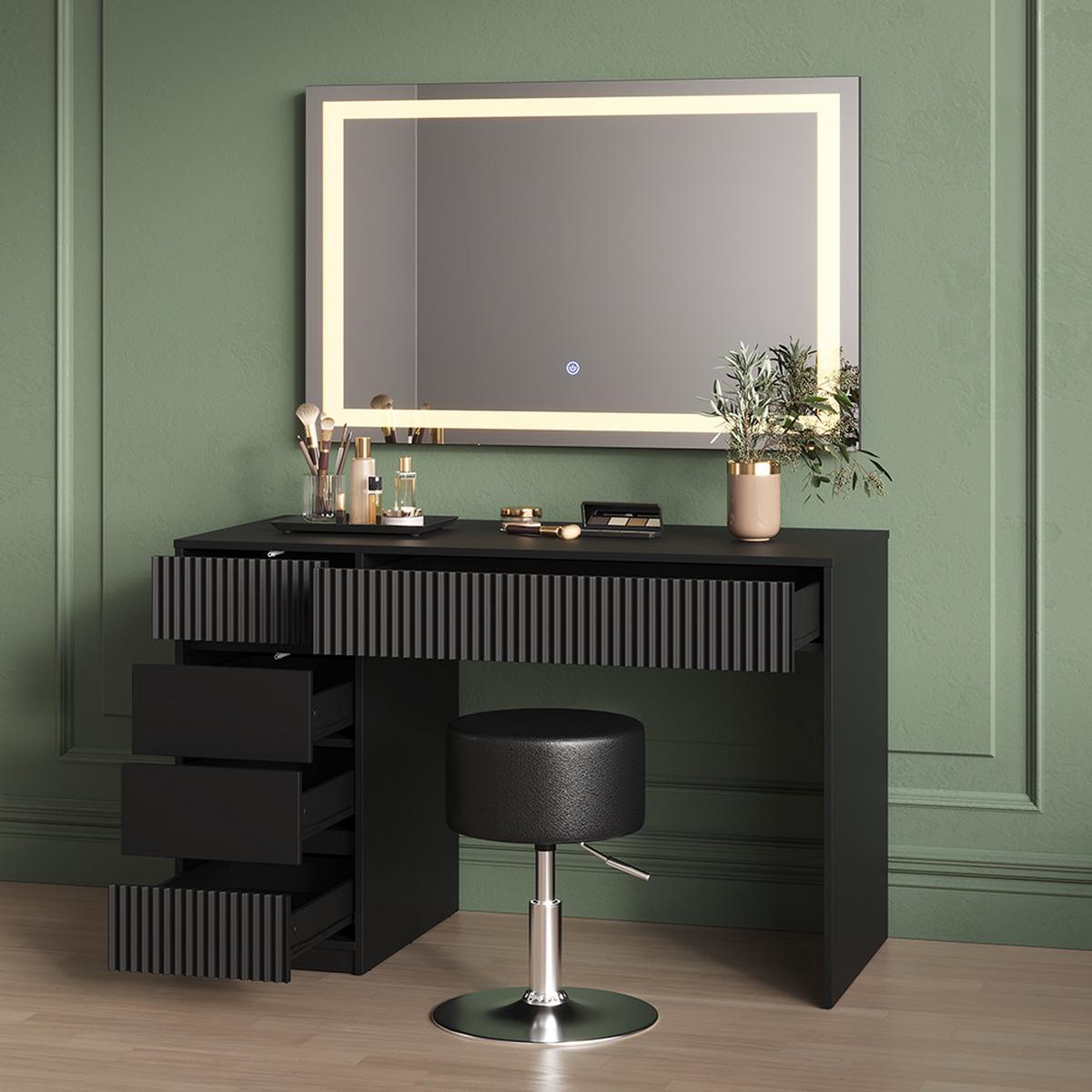 SCHMINKTISCH Allia Schwarz 120 cm mit Hocker - Schwarz, Holzwerkstoff (120/76/55cm) - Livinity®