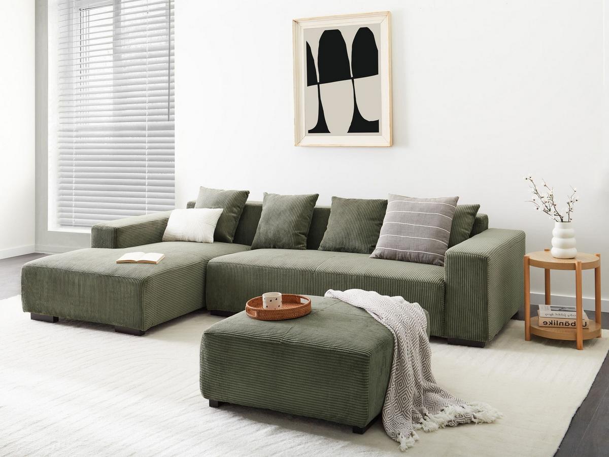 ECKSOFA 4-Sitzer Cord Grün mit Ottomane rechtsseitig Lungo - Schwarz/Grün, Textil (285/160cm) - Beliani