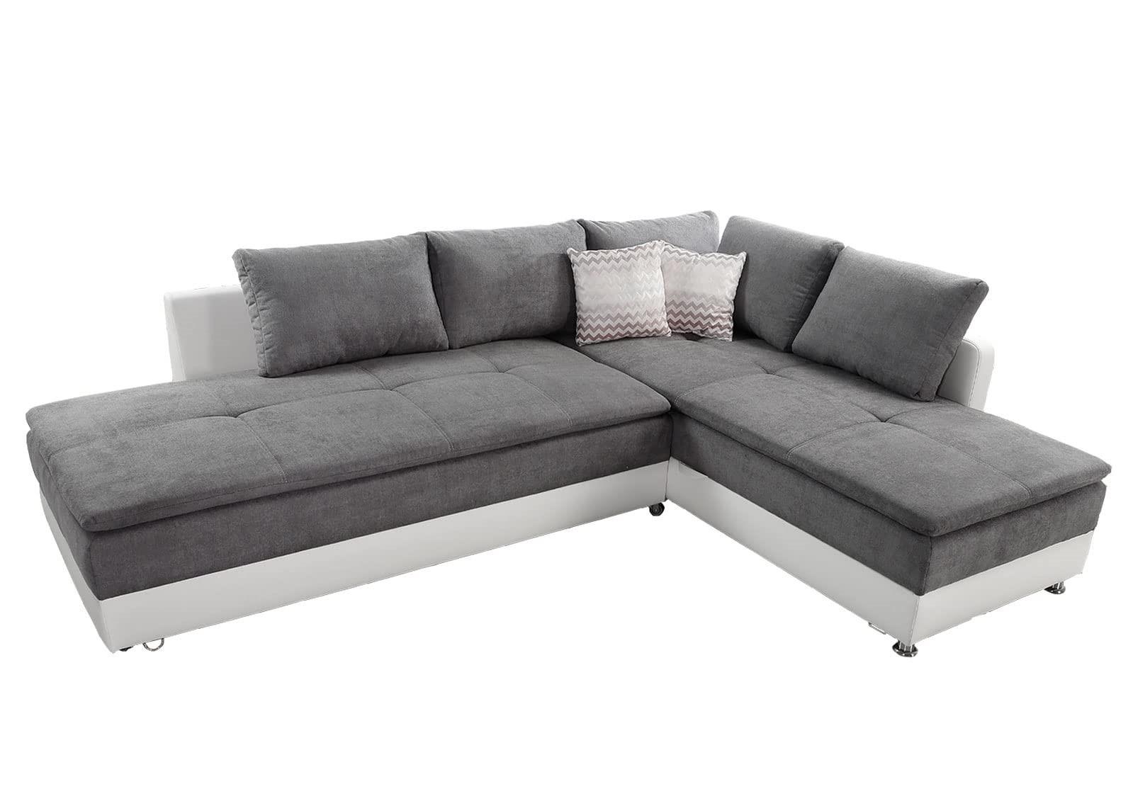 ECKSOFA-DAUERSCHLÄFER Doppelbett Boxspring Federkern Topper, Schwenkteil links B306/T223/H95 cm, Kunstleder Weiß+ Mikrofaser Hellgrau / 15103 - Chromfarben/Hellgrau, Kunststoff/Textil (306/223cm) - luma-home