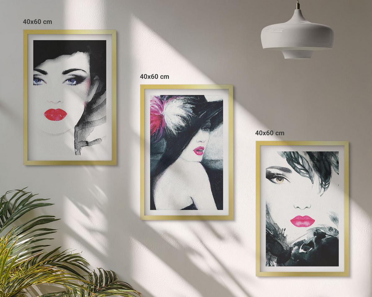 BILDER SET 3er Set - 40x60 cm Goldrahmen - Porträts von Frauen mit Lippen - Goldfarben, Kunststoff (40/60cm) - TULUP