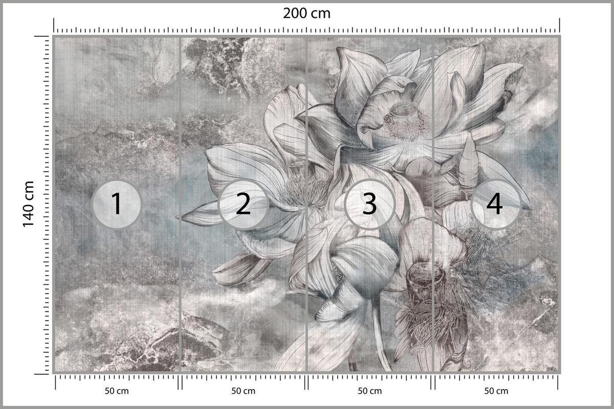 FOTOTAPETE für Wohnzimmer Wunderschöne Blume Betonwand Retro 200x140 - Grau, Papier (200/140cm) - Muralo