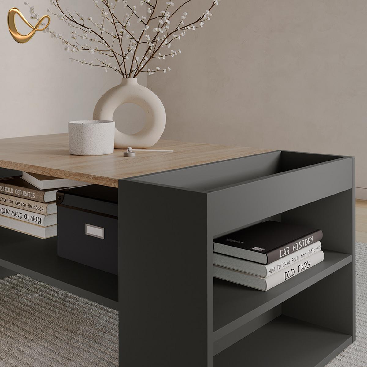 COUCHTISCH Piave Anthrazit/Sonoma mit Regalen - Anthrazit/Sonoma Eiche, Holzwerkstoff (55/100/42cm) - Livinity®