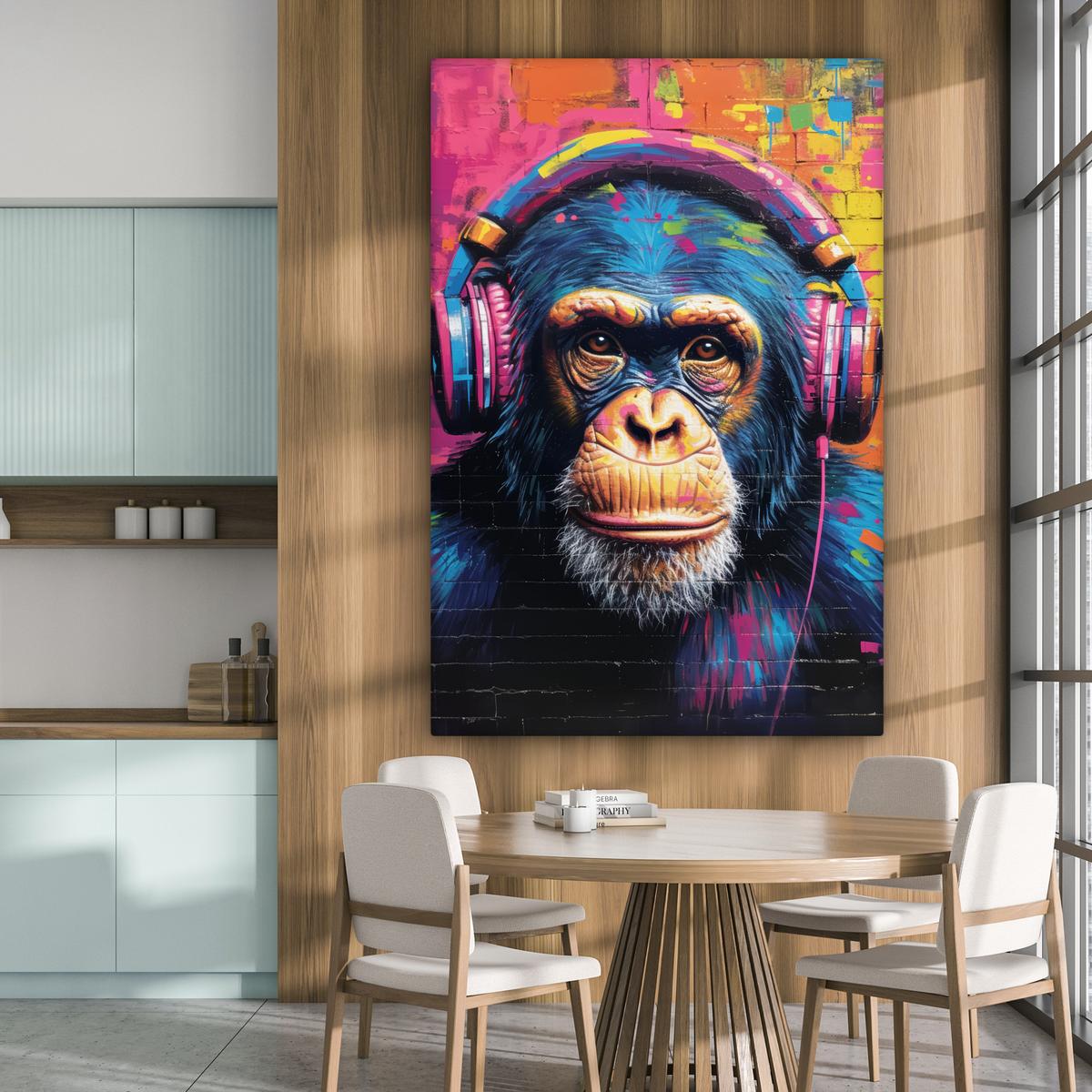 LEINWANDBILD Graffiti - Schimpanse - Straßenkunst - Kopfhörer - Affe Deko Groß 90x140 cm - Blau, Textil (90/140cm) - MuchoWow