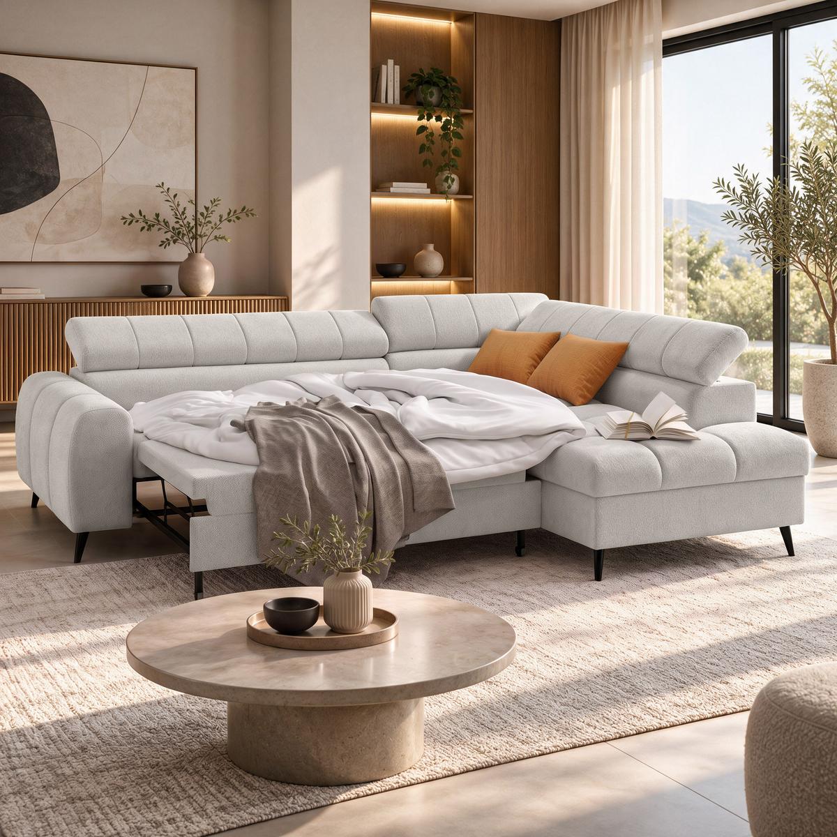 ECKSCHLAFSOFA Vinni Beige, Chenille-Stoff, rechts - Beige, Textil (265/205cm) - Beautysofa