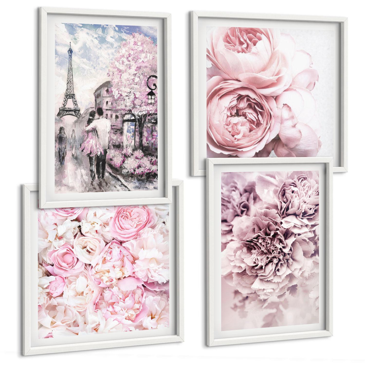 BILDER SET 4er Set - 50x50 cm & 40x60 cm Weißer Rahmen - Rosa Blumen, romantische Landschaft - Weiß, Kunststoff (50/50cm) - TULUP