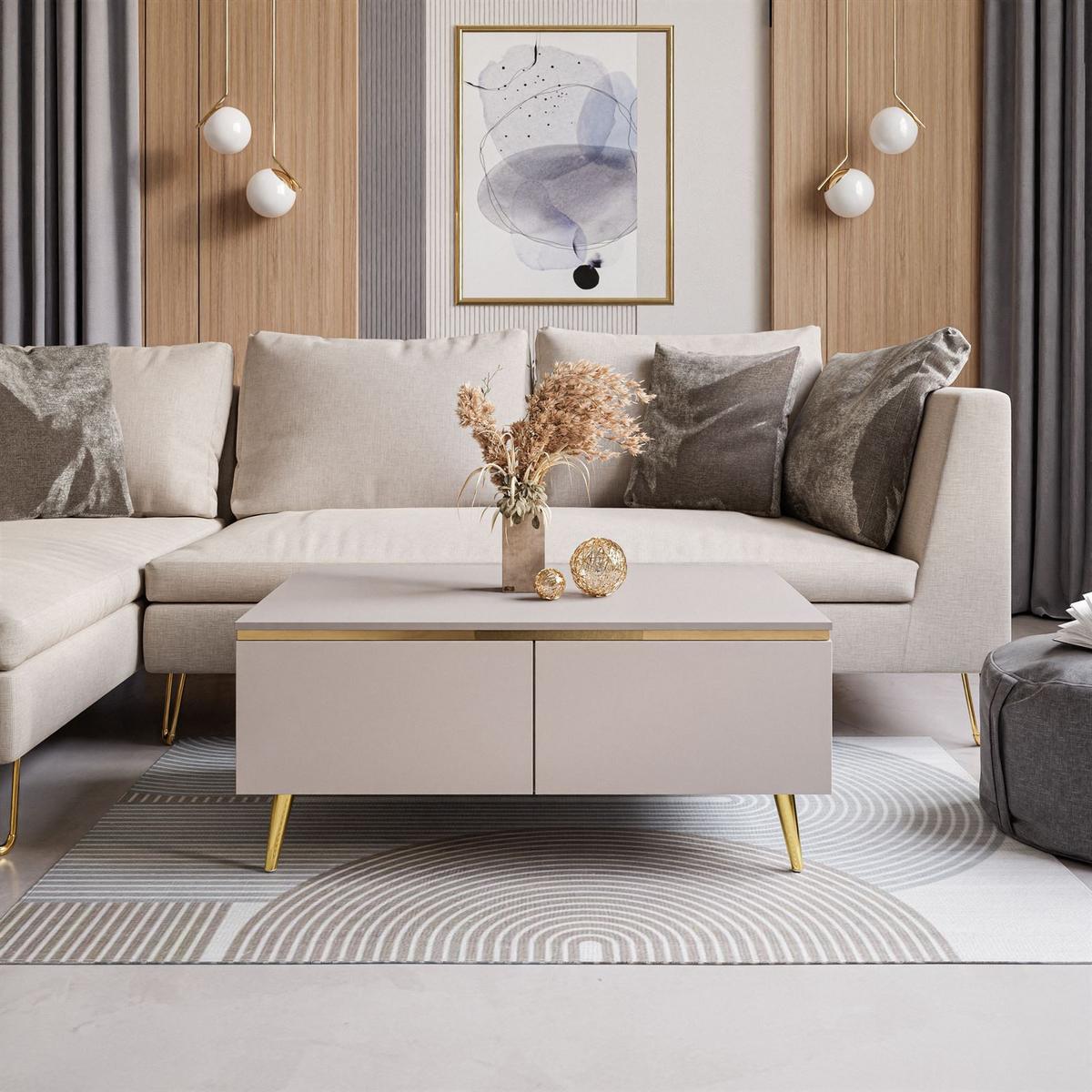 COUCHTISCH AURORA mit Staufach Kaschmir mit schräge Goldchrom Fuße - Kaschmir/Goldfarben, Holzwerkstoff/Metall (60/90/41cm) - Lookway