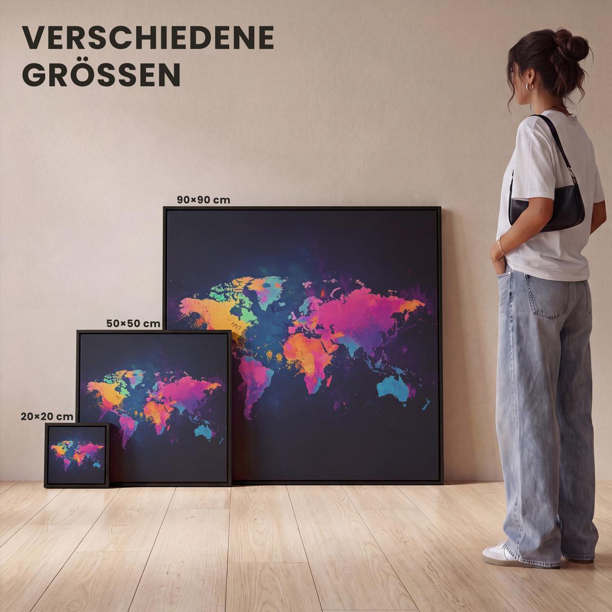 LEINWAND Bilder mit Rahmen - Weltkarte - Bunt - Graffiti - 20x20 - Multicolor, Textil (20/20cm) - MuchoWow