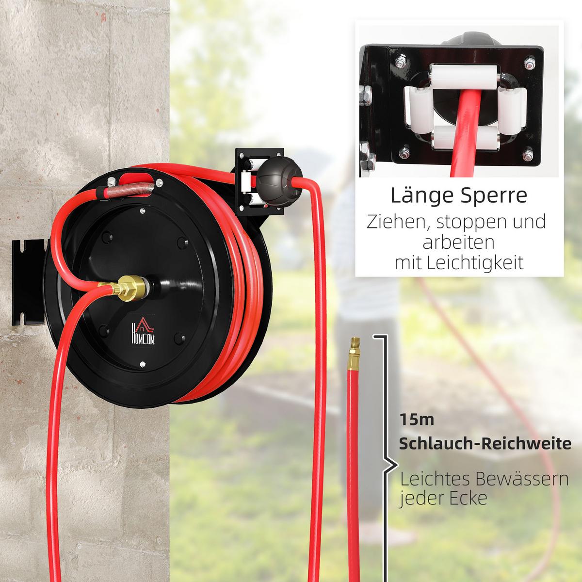 SCHLAUCHTROMMEL Automatische Druckluft 15m+1m mit 1/4' Anschluss 20 bar Druck - Multicolor, Metall (11.5/44/40.5cm) - HOMCOM