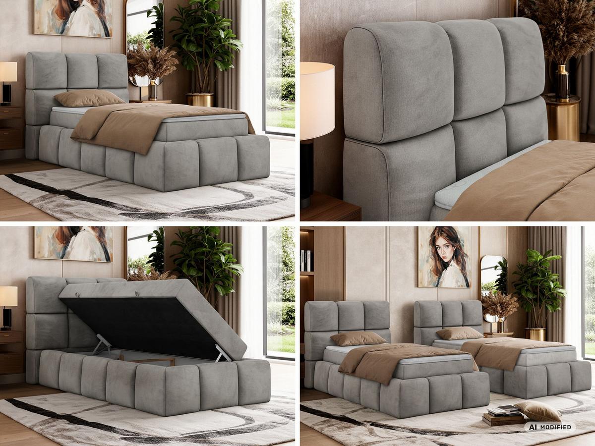 BOXBETT NIRA 90/200 - Hellgrau Velvet - Topper T25 - H3 - Hellgrau/Schwarz, Kunststoff/Textil (90/200cm) - MKS