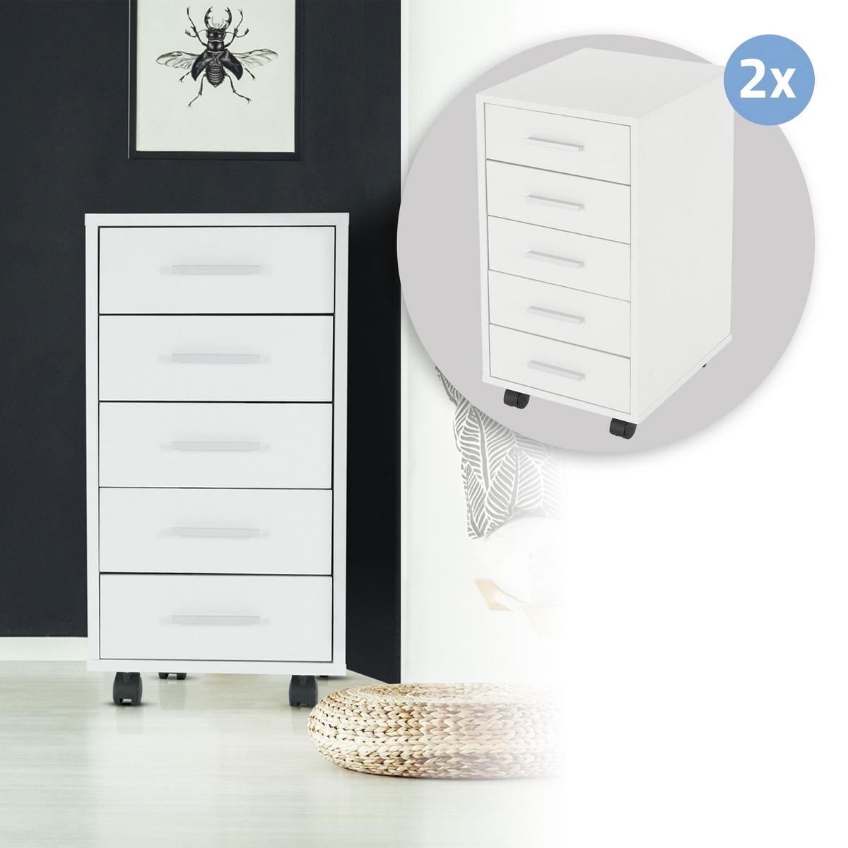 ROLLCONTAINER 2er Set 33x38x63,5 cm Weiß mit 5 Schubladen - Weiß, Holzwerkstoff/Metall (38/63.5/33cm) - ML-DESIGN