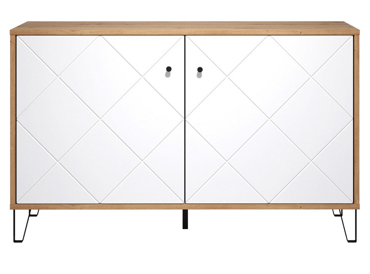 KOMMODE weiß matt mit Rautenoptik, Eiche Artisan 123 cm, Sideboard mit Soft-Close - Eichefarben/Schwarz, Holzwerkstoff/Kunststoff (123/76/40cm) - Top.Furn