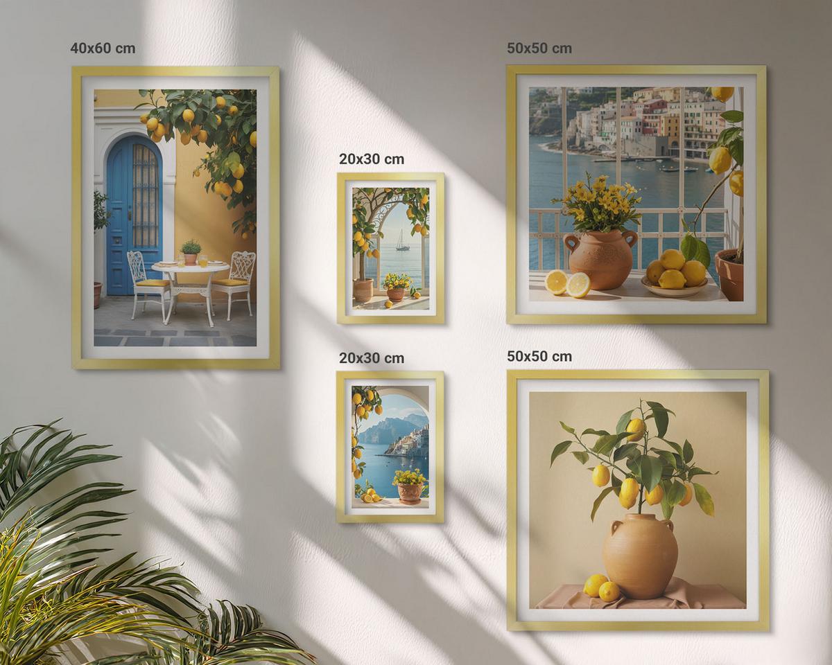 BILDER SET 5er Set - 50x50 cm & 20x30 cm & 40x60 cm Goldrahmen - Meereslandschaften, Zitronen, Fenster - Goldfarben, Kunststoff (40/60cm) - TULUP