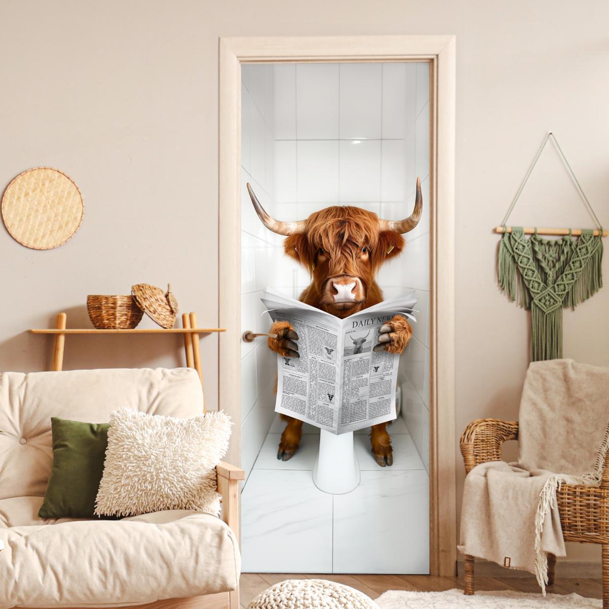 TÜRAUFKLEBER Scottish Highlander - Zeitung - WC - Tier 90x235 cm - Türtapete - Weiß, Kunststoff (90/0.1cm) - MuchoWow