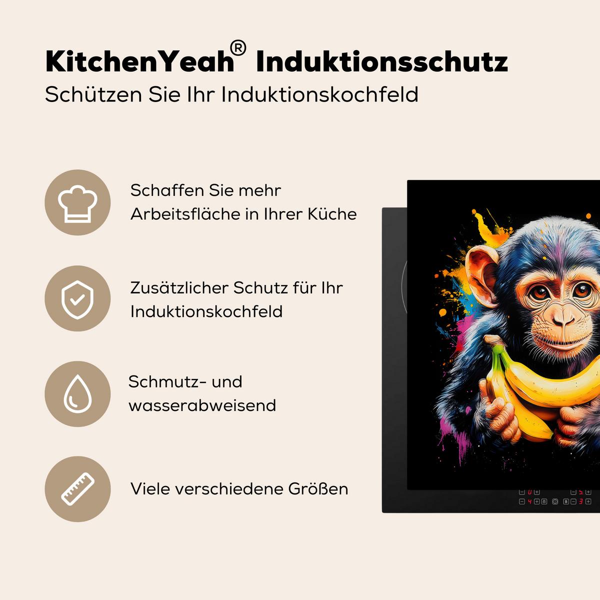 HERDABDECKPLATTE Affe - Graffiti - Farbenfroh - Bananen - Modern Induktionsmatte 78x78 cm - Gelb, Kunststoff (78/78/0.2cm) - MuchoWow
