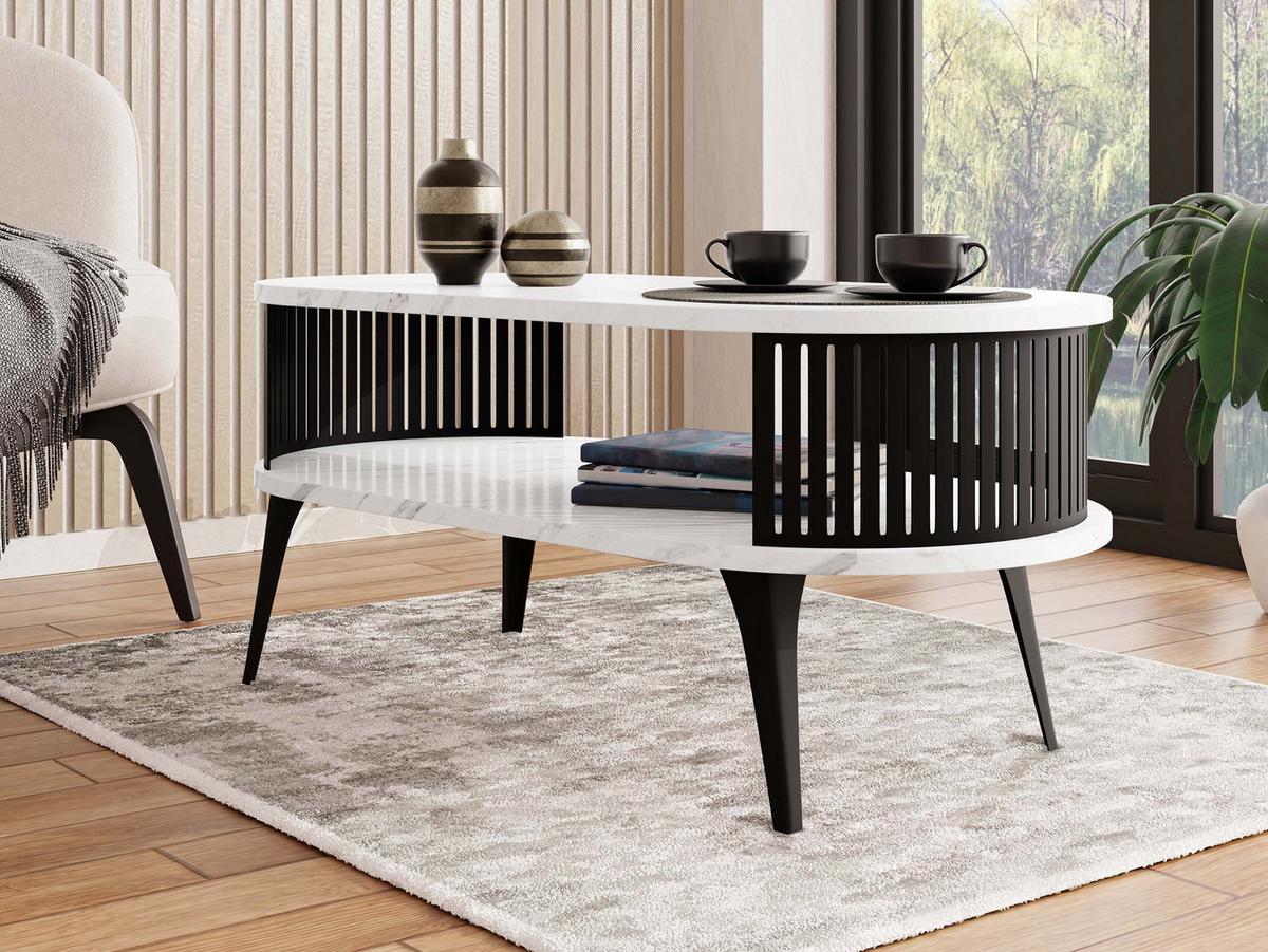 COUCHTISCH Roenni Oval - Schwarz/Weiß, Holzwerkstoff/Metall (100/50/44cm) - MIRJAN24