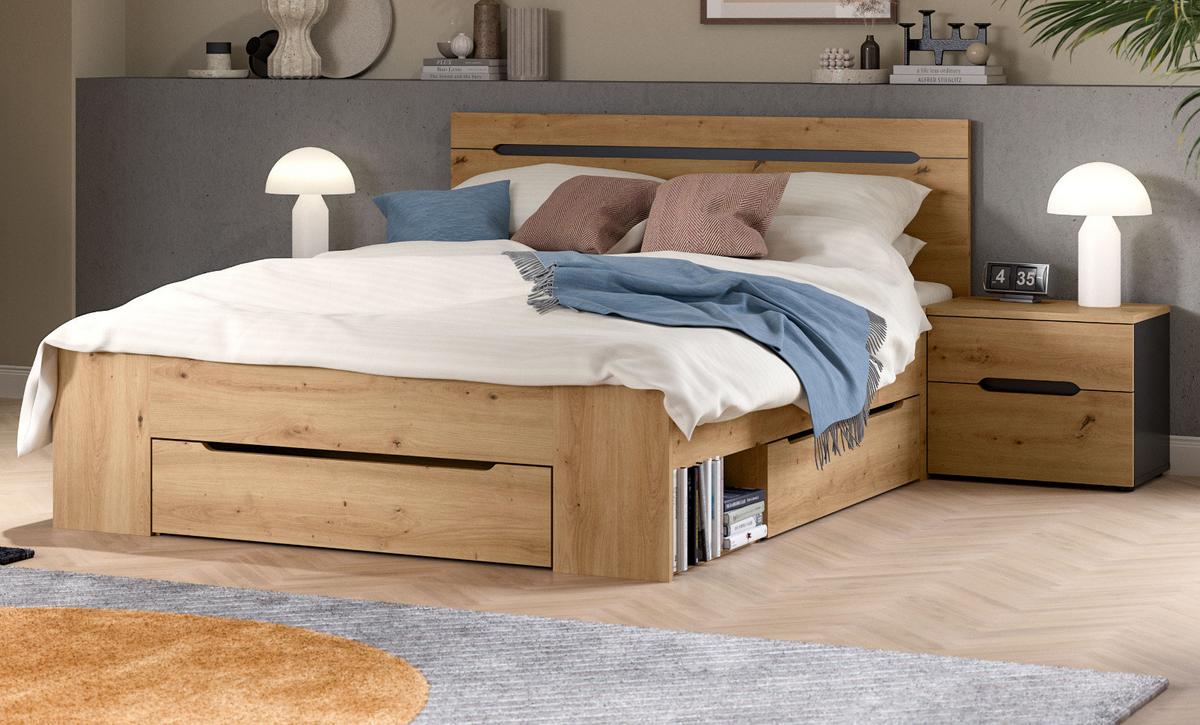 SCHLAFZIMMER Set 3-teilig Eiche Artisan, grau, Kombination mit Bett 140 x 200 cm und 2x Nachttisch - Eiche Artisan/Grau, Holzwerkstoff/Metall - Inn.Furn