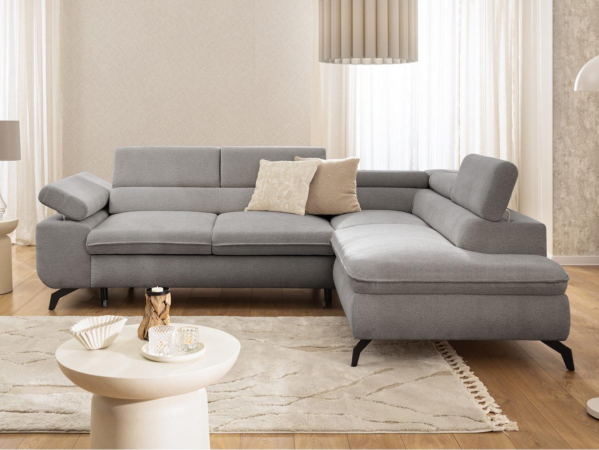 ECKSOFA mit Schlaffunktion und Bettkasten Bonnie aus Hellgrau Chenille-Stoff mit verstellbaren Kopfstützen und Armlehne - Ottomane rechts - Hellgrau/Schwarz, Holz/Textil (275/210cm) - S-Style Möbel