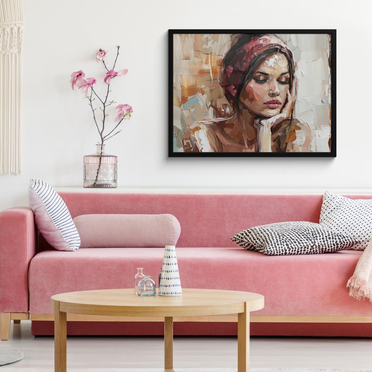 POSTER MIT RAHMENGERAHMTES BILD Frau - Lackierung - Porträt - Modern 80x60 cm - Altrosa, Papier (80/60cm) - MuchoWow