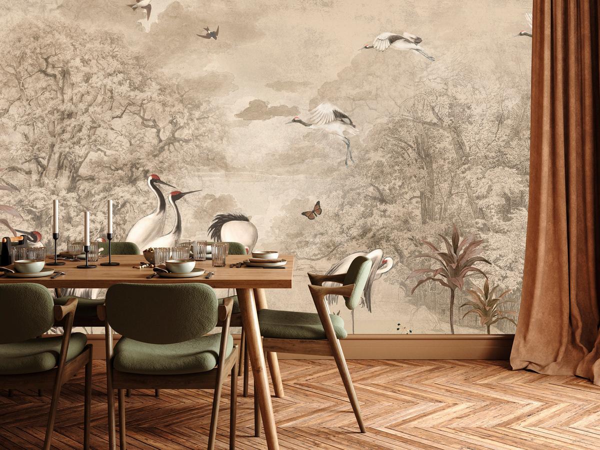 FOTOTAPETE für Schlafzimmer Retro Kraniche Wald Bäume Vögel 450x315 - Beige/Rot, Papier (450/315cm) - Muralo