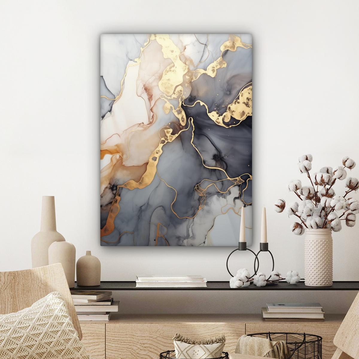 LEINWANDBILD Marmor - Schwarz - Gold - Weiß Wandbild Wohnzimmer 60x80 cm - Dunkelgrau, Textil (60/80cm) - MuchoWow