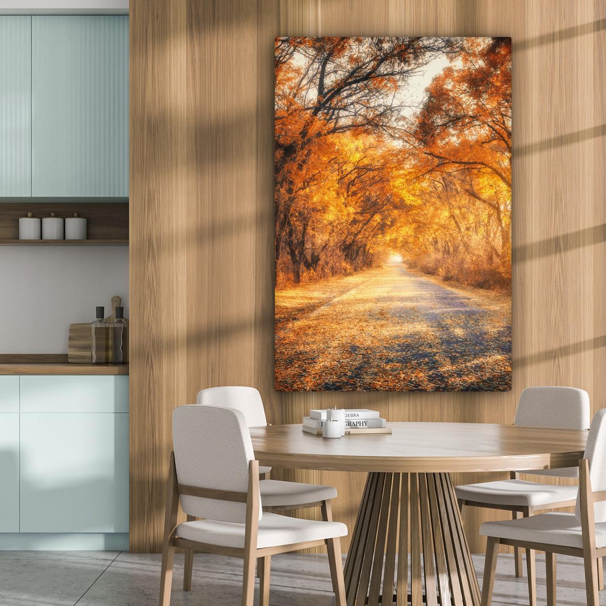 LEINWANDBILD Wald - Herbst - Bäume - Waldweg - Natur Deko Groß 90x140 cm - Bernsteinfarben, Textil (90/140cm) - MuchoWow