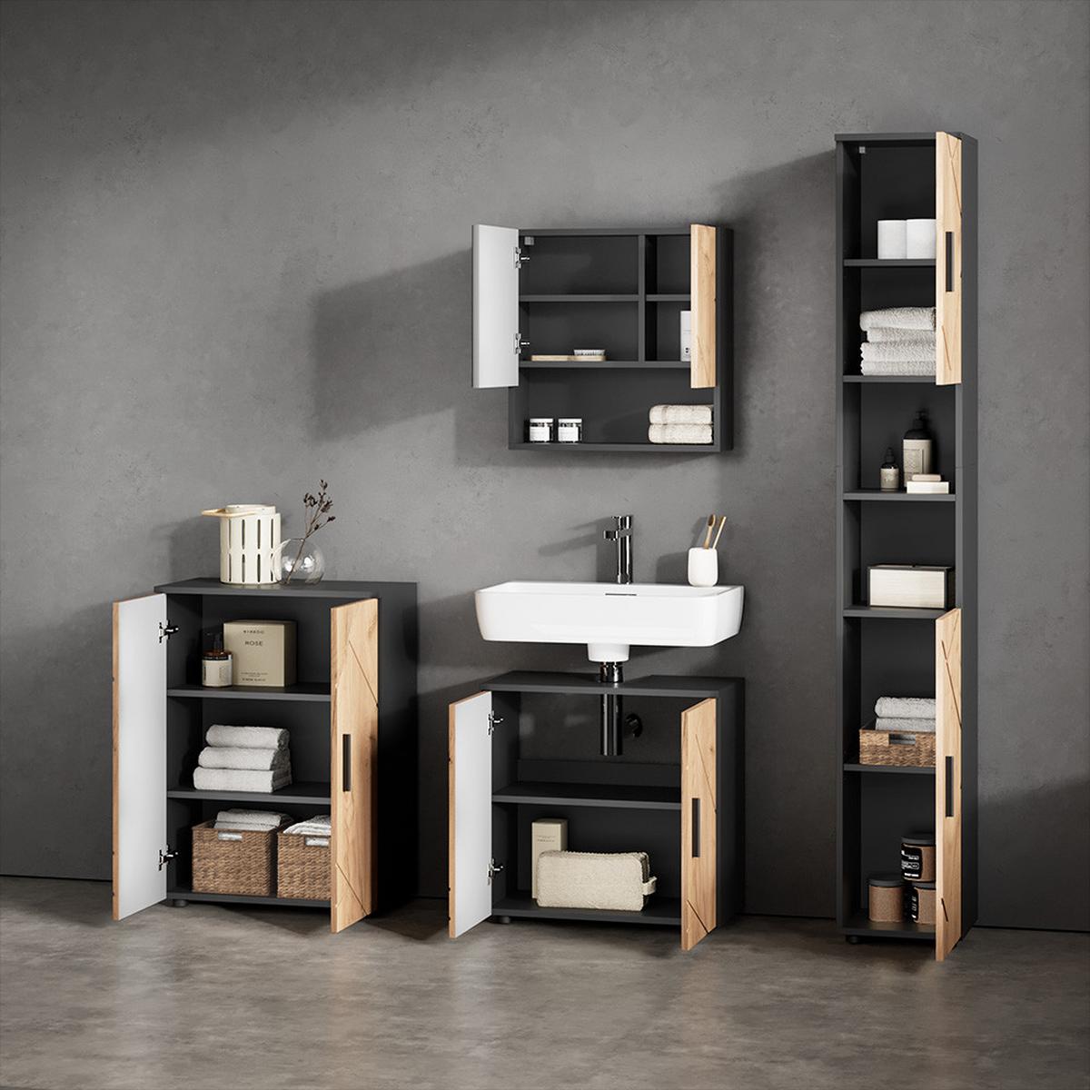 BADMÖBEL-SET Ronco Goldkraft Eiche/Anthrazit 4 Teile, mit Hochschrank und Kommode - Honigeiche/Anthrazit, Holzwerkstoff (60/192/30cm) - Livinity®