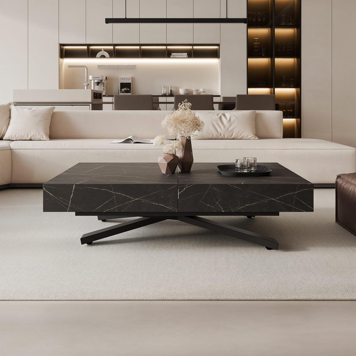 COUCHTISCH SANELLE X ausziehbar mit Liftfunktion, 120/80/76 cm Schwarz/Grigia Pietra (Steingrau) - Schwarz/Grau, Holzwerkstoff/Metall (120/80/27cm) - Idohome