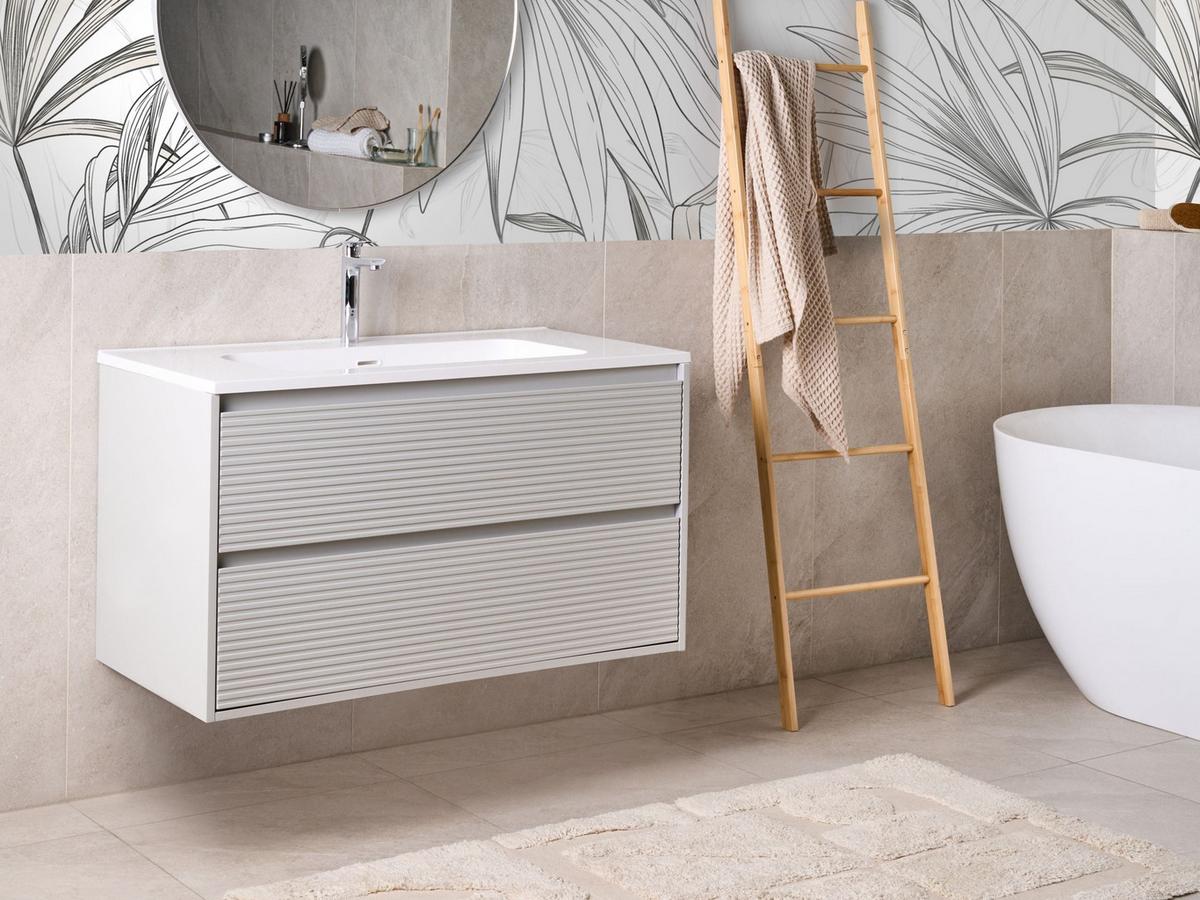 WASCHBECKENUNTERSCHRANK wandmontiertk mit Waschbecken Grau Bahia - Hellgrau, Holzwerkstoff (100/55/110cm) - Beliani