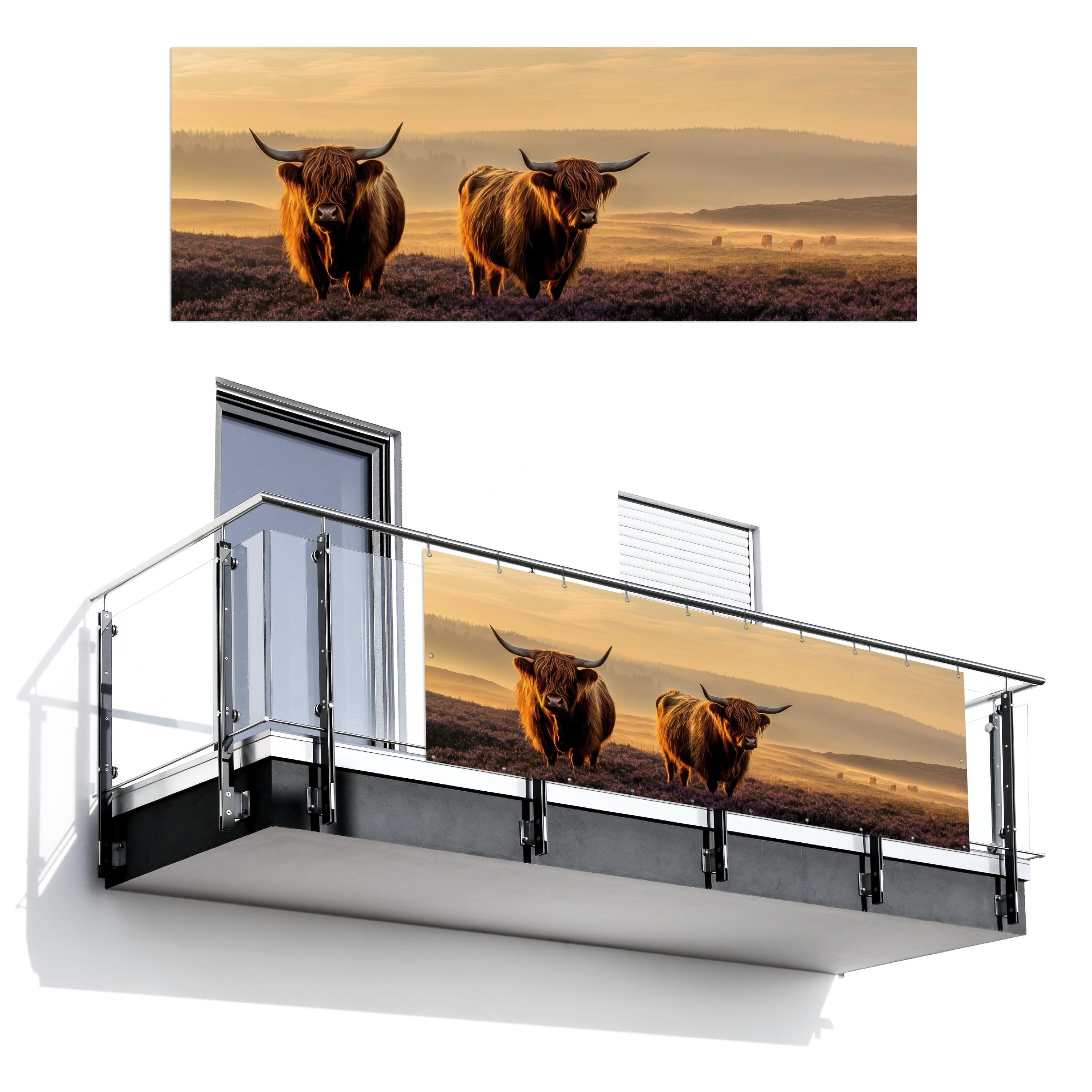 BALKON-SICHTSCHUTZ Schottische Hochlandbewohner - Heide - Landschaft - Tiere Balkon Deko 300x110 cm - Cognac, Kunststoff (300/110cm) - MuchoWow