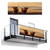 BALKON-SICHTSCHUTZ Schottische Hochlandbewohner - Heide - Landschaft - Tiere Balkon Deko 300x110 cm - Cognac, Kunststoff (300/110cm) - MuchoWow