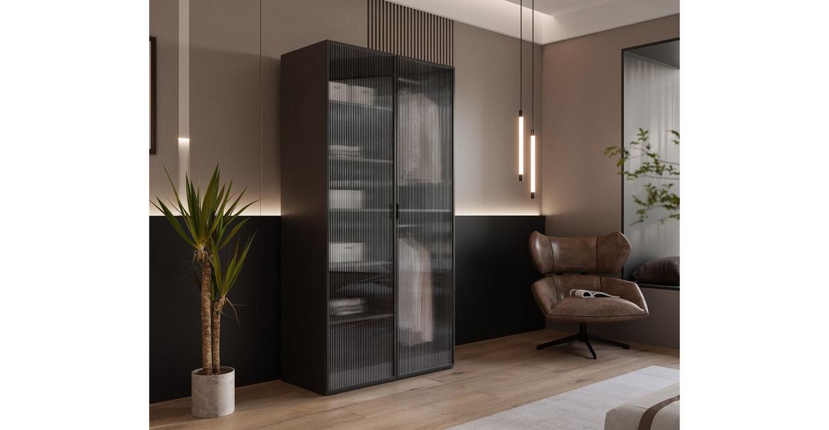 KLEIDERSCHRANK SANDBOX MODERN 100 101/49/200 cm Schwarz Graphit / geriffeltes Glas mit LED ohne Zusatzböden - Transparent/Schwarz, Holzwerkstoff/Kunststoff (101/200/49cm) - Lookway