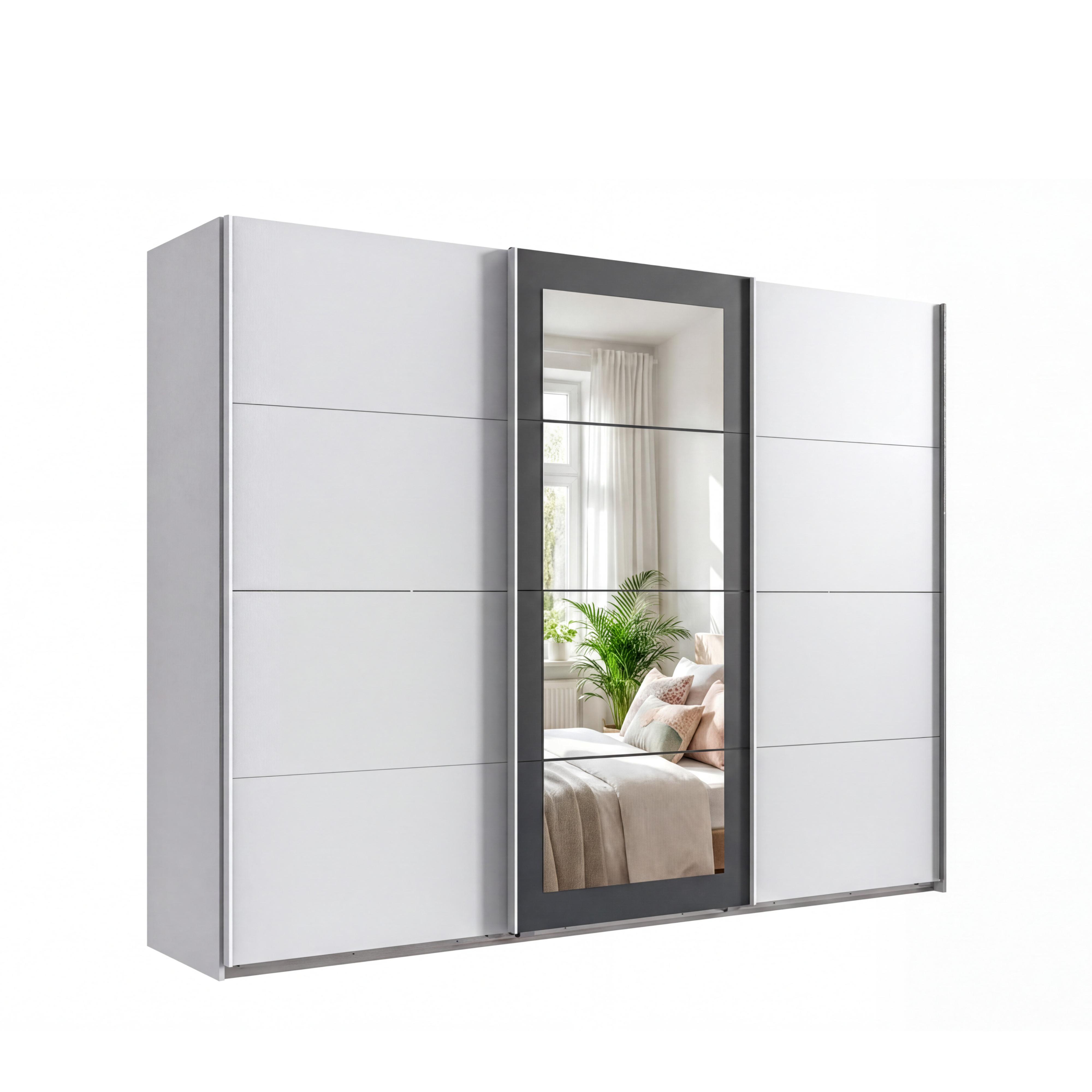 SCHWEBETÜRENSCHRANK 3-türig B270/H208/64 cm Kleiderschrank in Weiß, Spiegel umrahmt in Grafit, Griffe Weiß / 22629 - Graphitfarben/Weiß, Holzwerkstoff/Metall (270/208/64cm) - luma-home