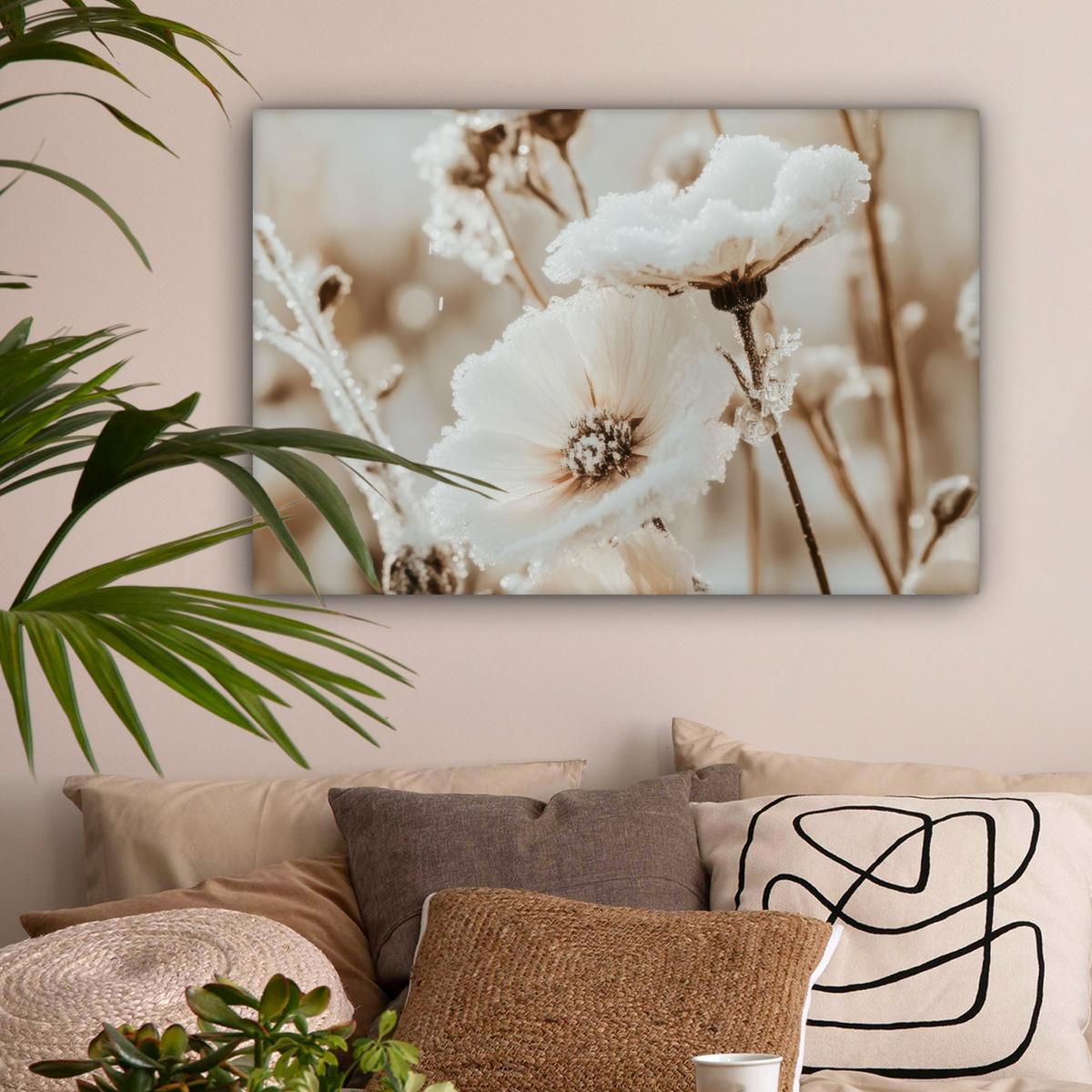 LEINWANDBILD Blumen - Winter - Weiß - Schnee - Beige Gemälde 60x40 cm - Creme, Textil (60/40cm) - MuchoWow