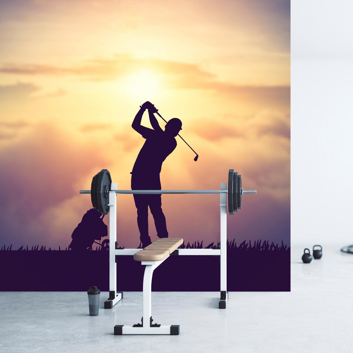FOTOTAPETE für Jugendzimmer Golfer Sonnenuntergang Silhouette Sport 300x210 - Gelb/Violett, Papier (300/210cm) - Muralo