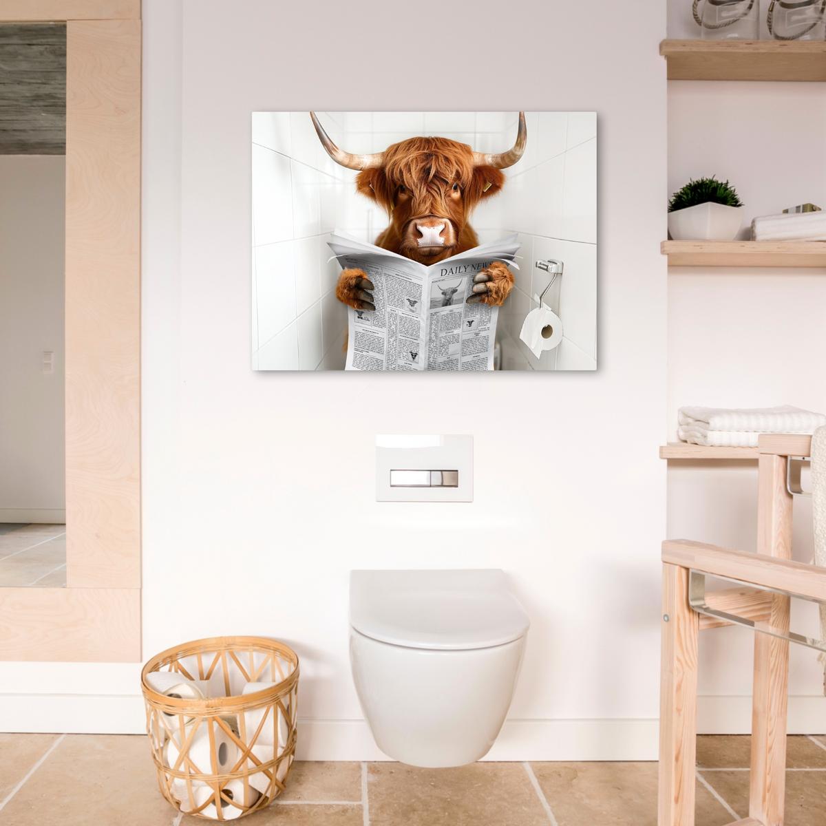 LEINWANDBILD Schottischer Highlander - Tier - Zeitung - Toilette Wandbilder 80x60 cm - Kastanienfarben, Textil (80/60cm) - MuchoWow