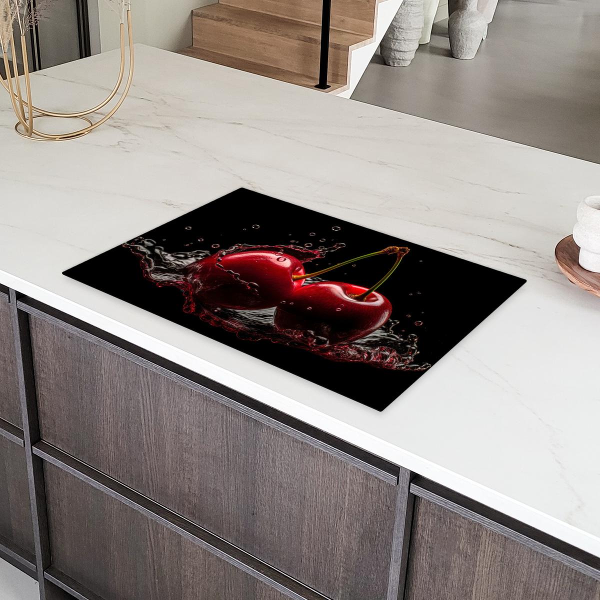 HERDABDECKPLATTE Kirsche - Rot - Frucht - Wasser - Schwarz Ceranfeldabdeckung 80x52 cm - Kirschrot, Kunststoff (80/52/0.2cm) - MuchoWow