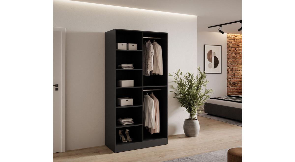 KLEIDERSCHRANK SANDBOX LOFT 100 101/49/200 cm Schwarzgraphit / Schwarzgraphit + Eiche Wotan ohne LED ohne Zusatzböden - Schwarz, Holzwerkstoff/Kunststoff (101/200/49cm) - Lookway