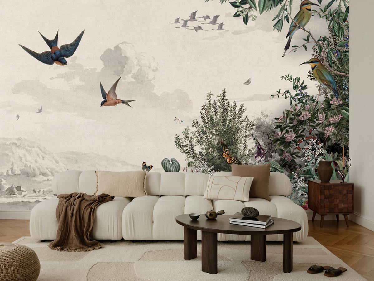 FOTOTAPETE für Wohnzimmer Retro Tropenlandschaft Vögel Büsche 400x280 - Beige/Rot, Papier (400/280cm) - Muralo