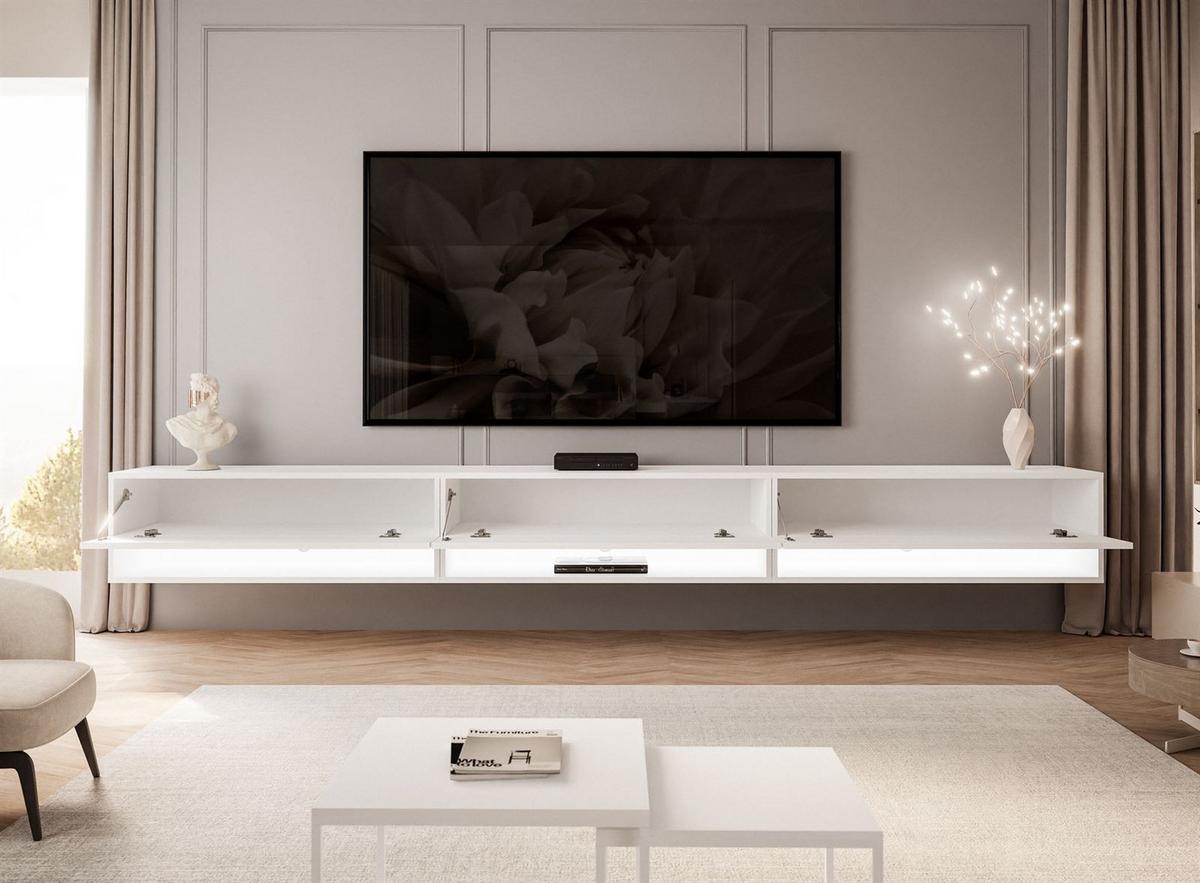 HÄNGESCHRANK TV-Möbel CALANTE 270 cm mit LED-Beleuchtung - Weiß Hochglanz, Holzwerkstoff (270/30/35cm) - Lookway