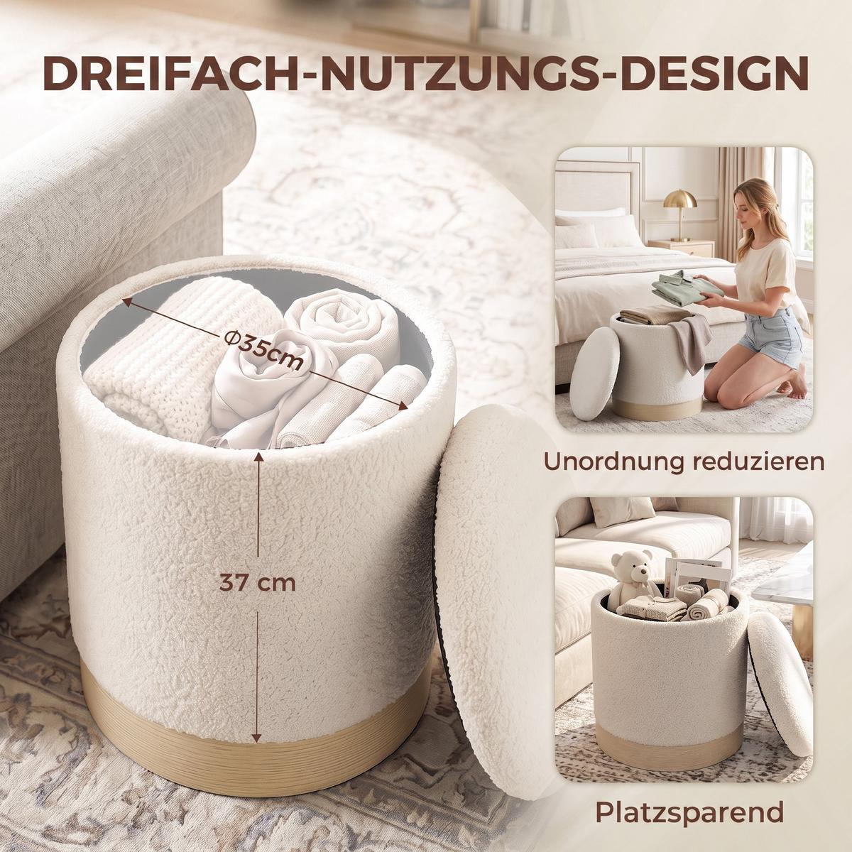 AUFBEWAHRUNGSHOCKER Sherpa-Fleece Cremeweiß - Creme, Textil/Metall (38/45/38cm) - HOMCOM