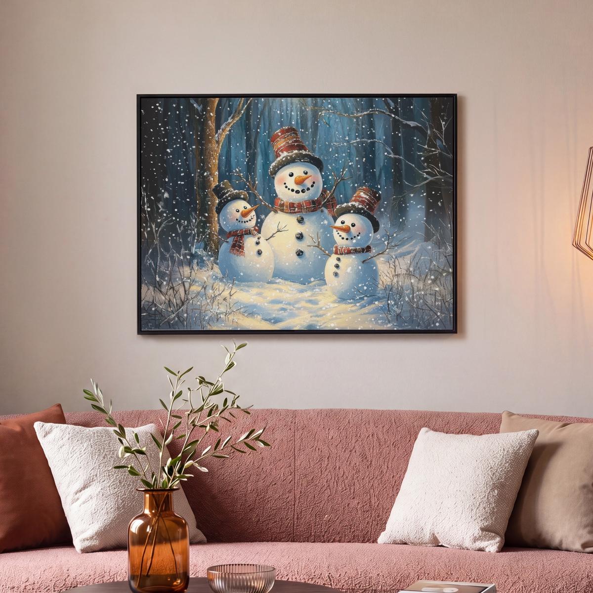 LEINWAND Bilder mit Rahmen - Schneemann - Schnee - Winter - Wald - 80x60 - Hellblau, Textil (80/60cm) - MuchoWow
